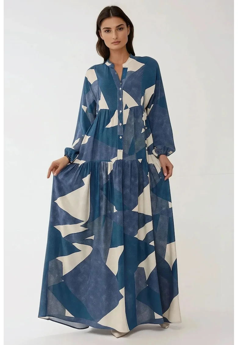 Rochie maxi  viscoza, imprimeu, maneca lunga, Bleumarin