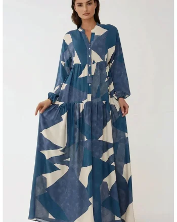 Rochie maxi  viscoza, imprimeu, maneca lunga, Bleumarin