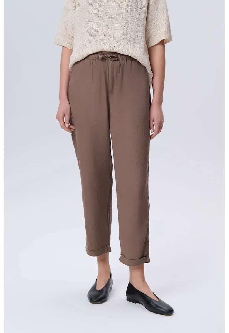 Pantaloni crop din amestec de in cu snur, Maro
