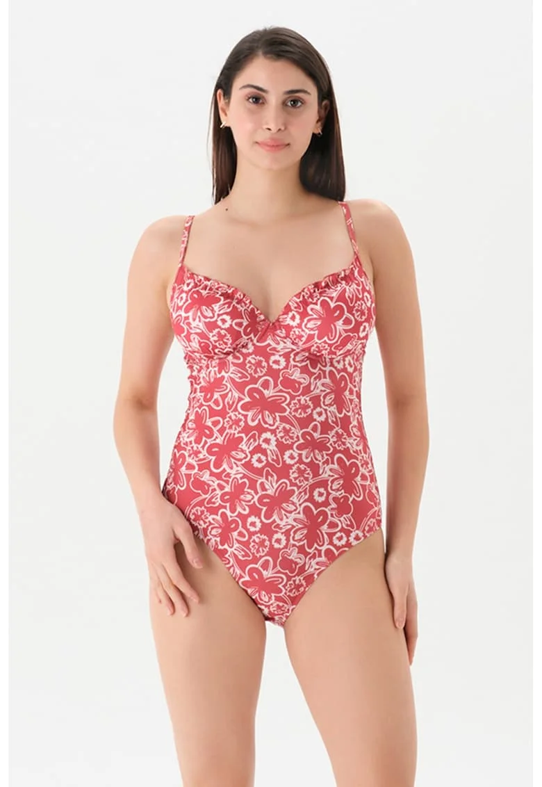 Costum de baie intreg cu imprimeu floral, Rosu/Alb