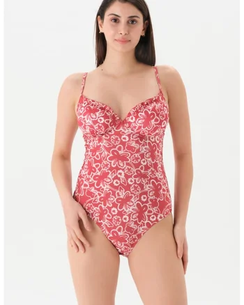 Costum de baie intreg cu imprimeu floral, Rosu/Alb