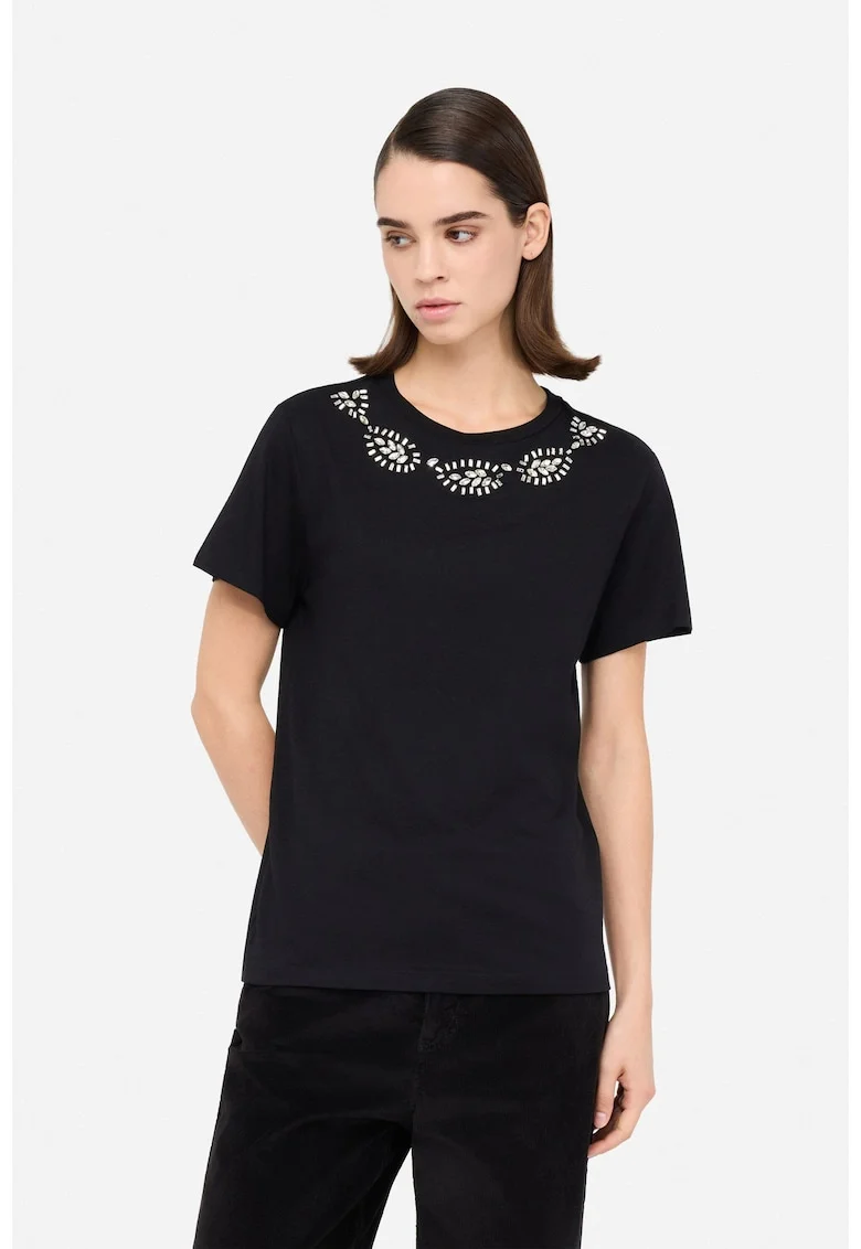Tricou din bumbac cu strasuri, Negru