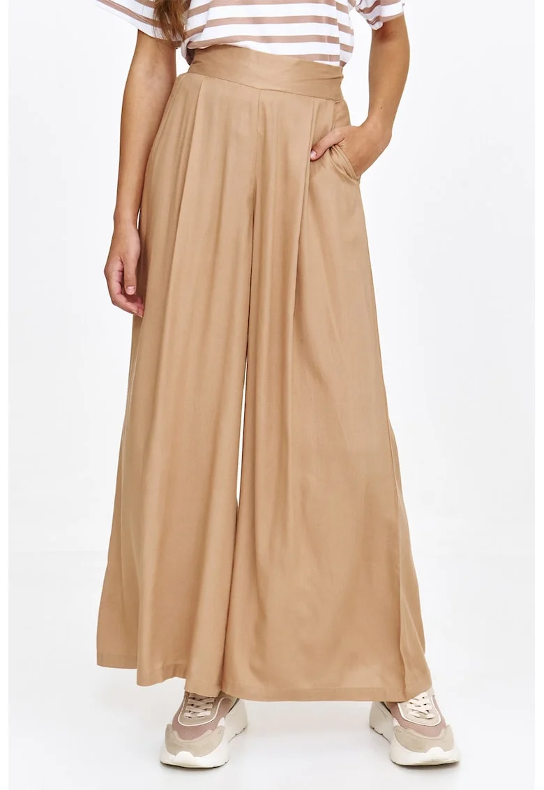 Pantaloni cu croiala ampla si talie inalta, Maro camel
