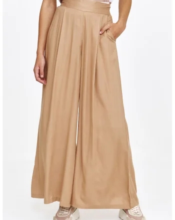 Pantaloni cu croiala ampla si talie inalta, Maro camel