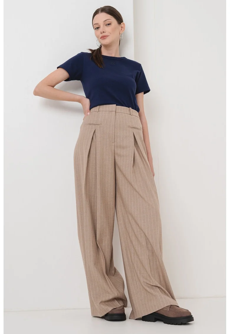 Pantaloni evazati cu pliuri si dungi, Maro inchis