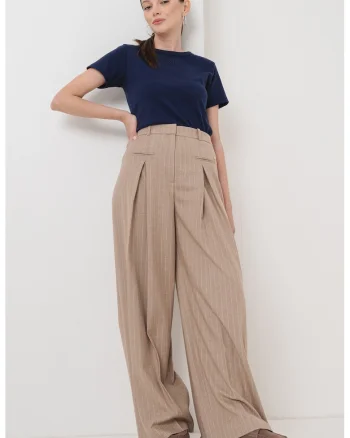 Pantaloni evazati cu pliuri si dungi, Maro inchis