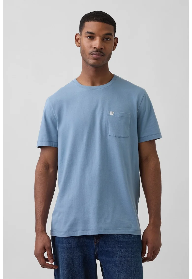 Tricou de bumbac organic cu buzunar pe piept, Albastru inchis