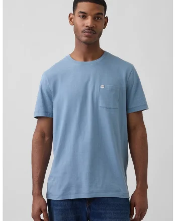 Tricou de bumbac organic cu buzunar pe piept, Albastru inchis