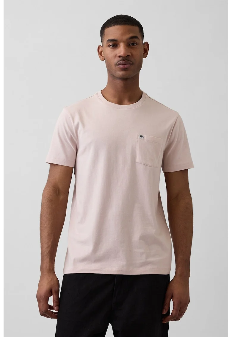 Tricou de bumbac organic cu buzunar pe piept, Roz prafuit