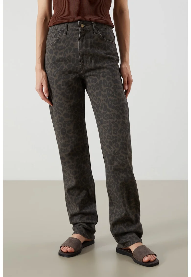 Blugi cu croiala dreapta si animal print, Maro inchis/Negru stins