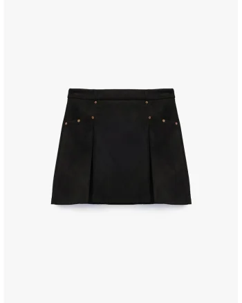 Fusta mini cu pliuri frontale, Negru/Maro deschis