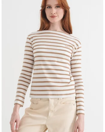Bluza in dungi Betty, Maro camel/Alb murdar