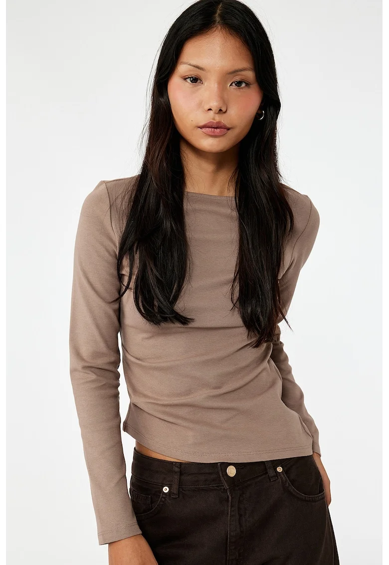 Bluza slim fit cu decolteu rotund, Maro camel