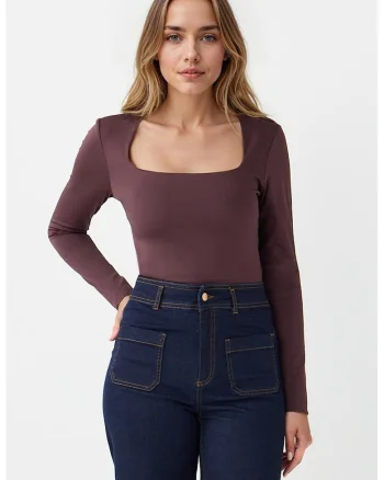 Bluza cu decolteu patrat, Maro inchis