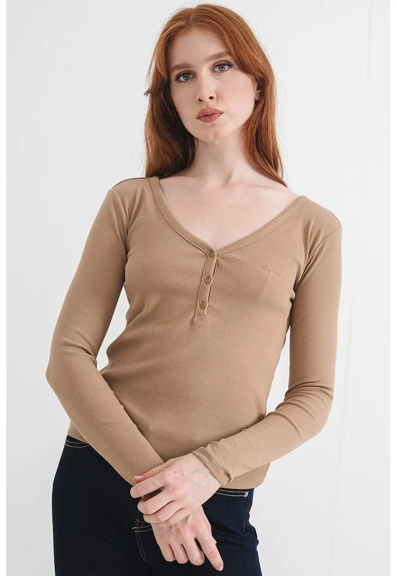 Bluza cu decolteu in V si fenta cu nasturi, Maro camel