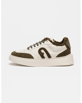 Pantofi sport din piele cu insertii din piele intoarsa, Alb/Maro inchis