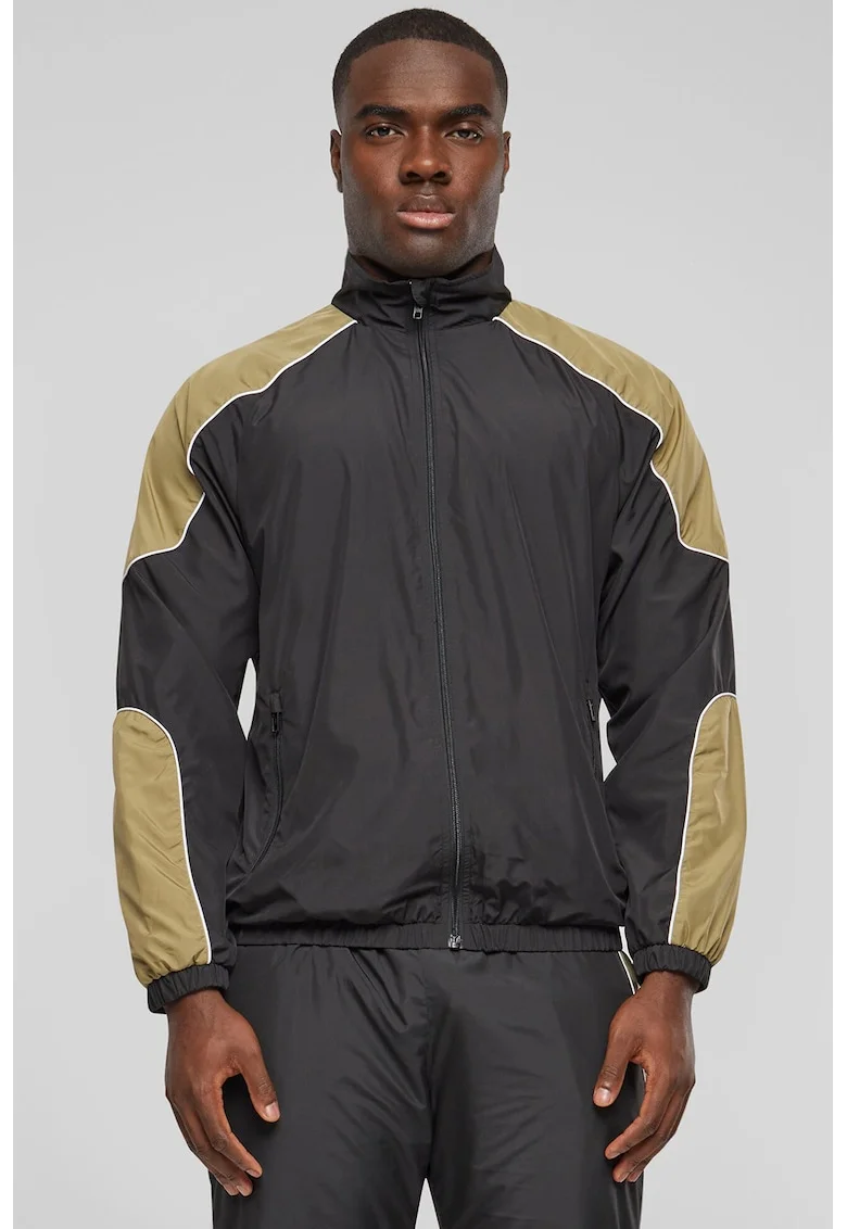 Jacheta cu fermoar si model colorblock, Negru/Galben inchis