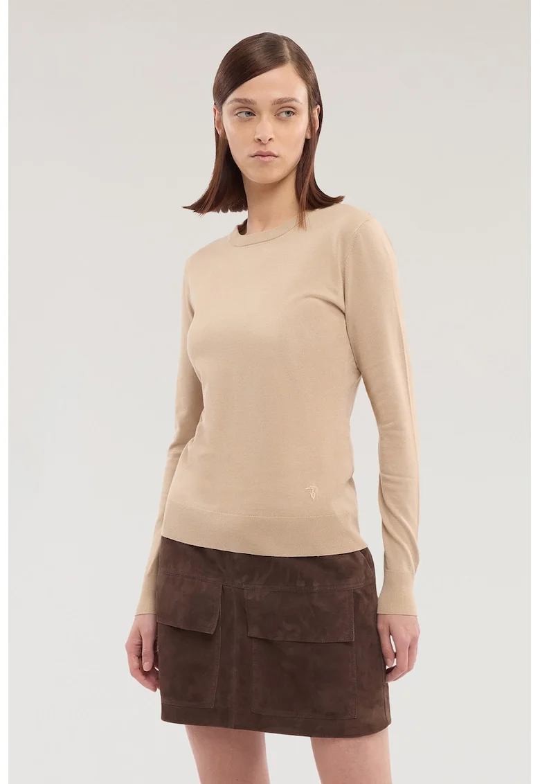 Pulover cu decolteu rotund si model uni, Maro deschis