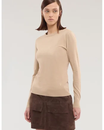 Pulover cu decolteu rotund si model uni, Maro deschis