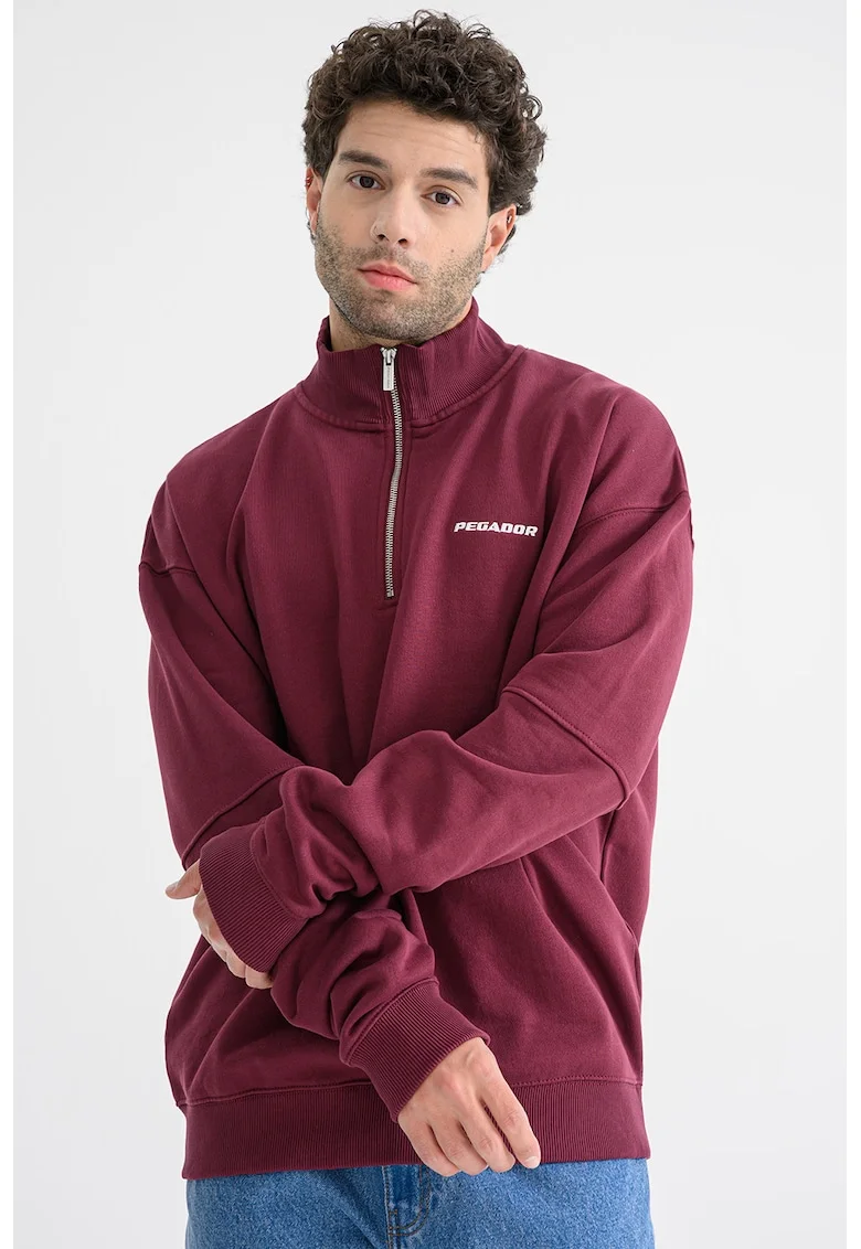 Bluza de trening cu guler cu fermoar scurt si maneci cazute, Rosu