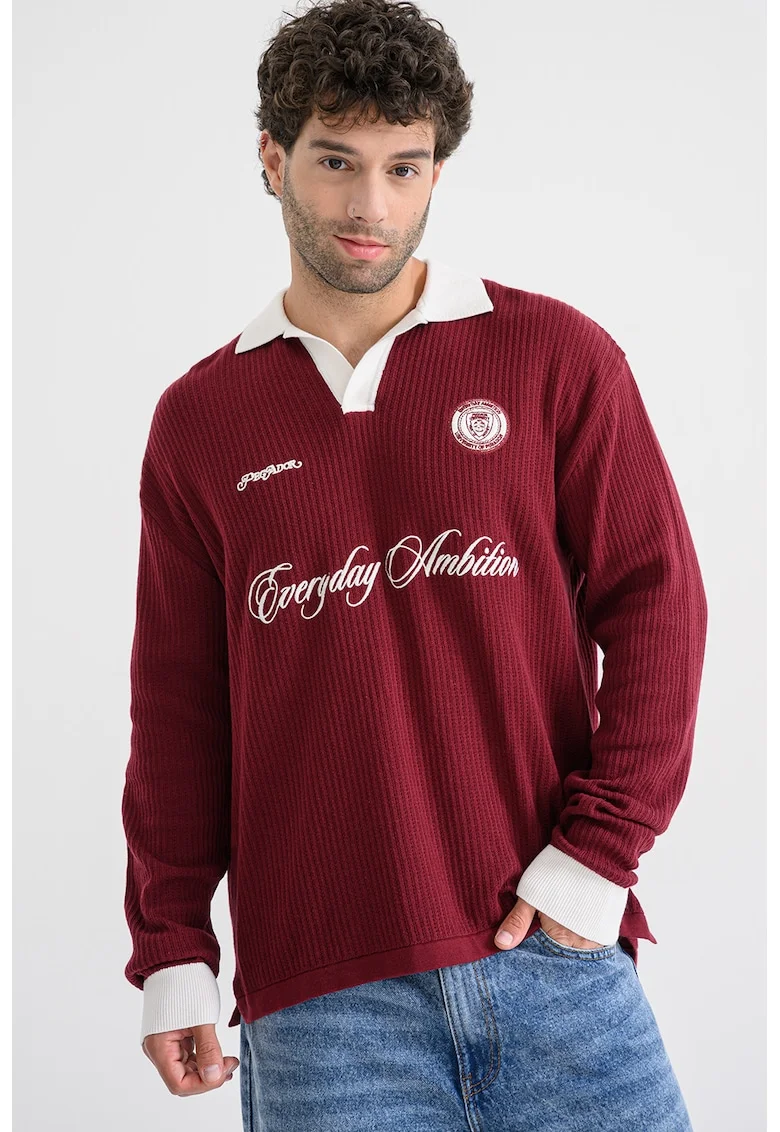 Bluza polo striata cu text brodat, Rosu