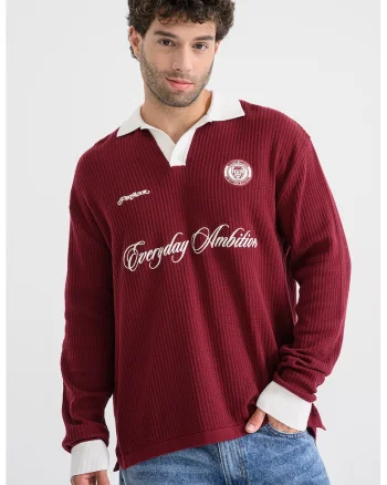 Bluza polo striata cu text brodat, Rosu