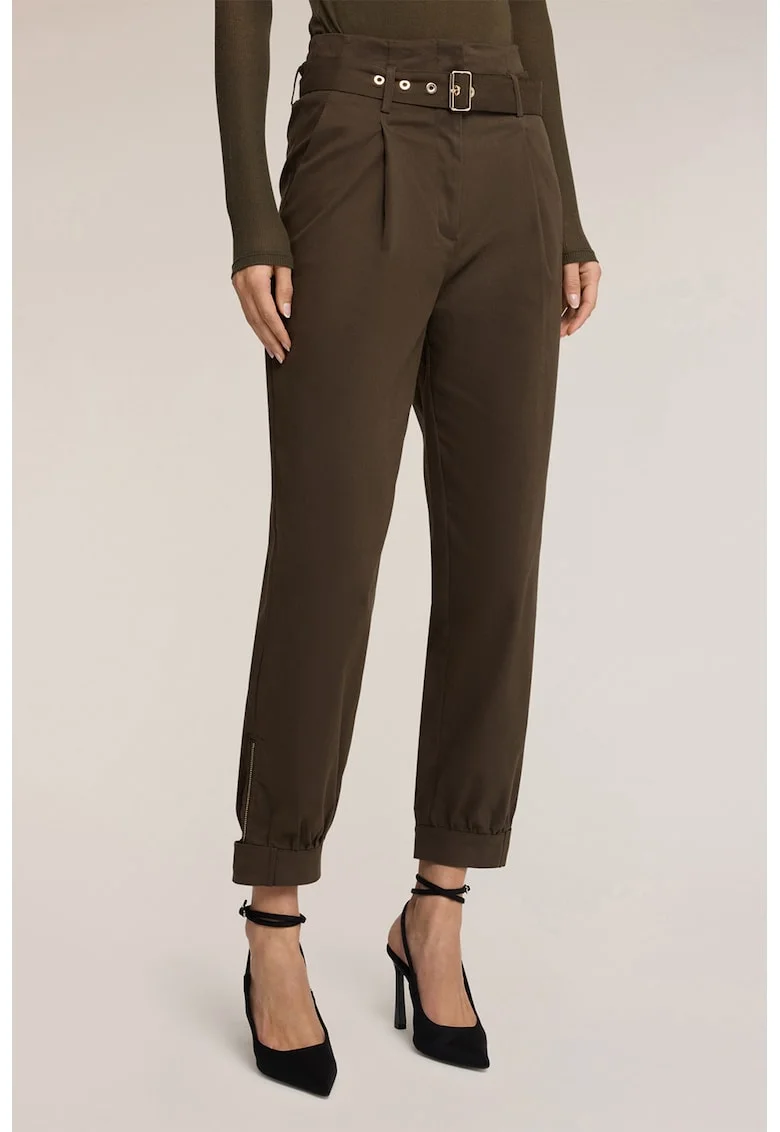Pantaloni crop conici cu o curea asortata, Maro inchis