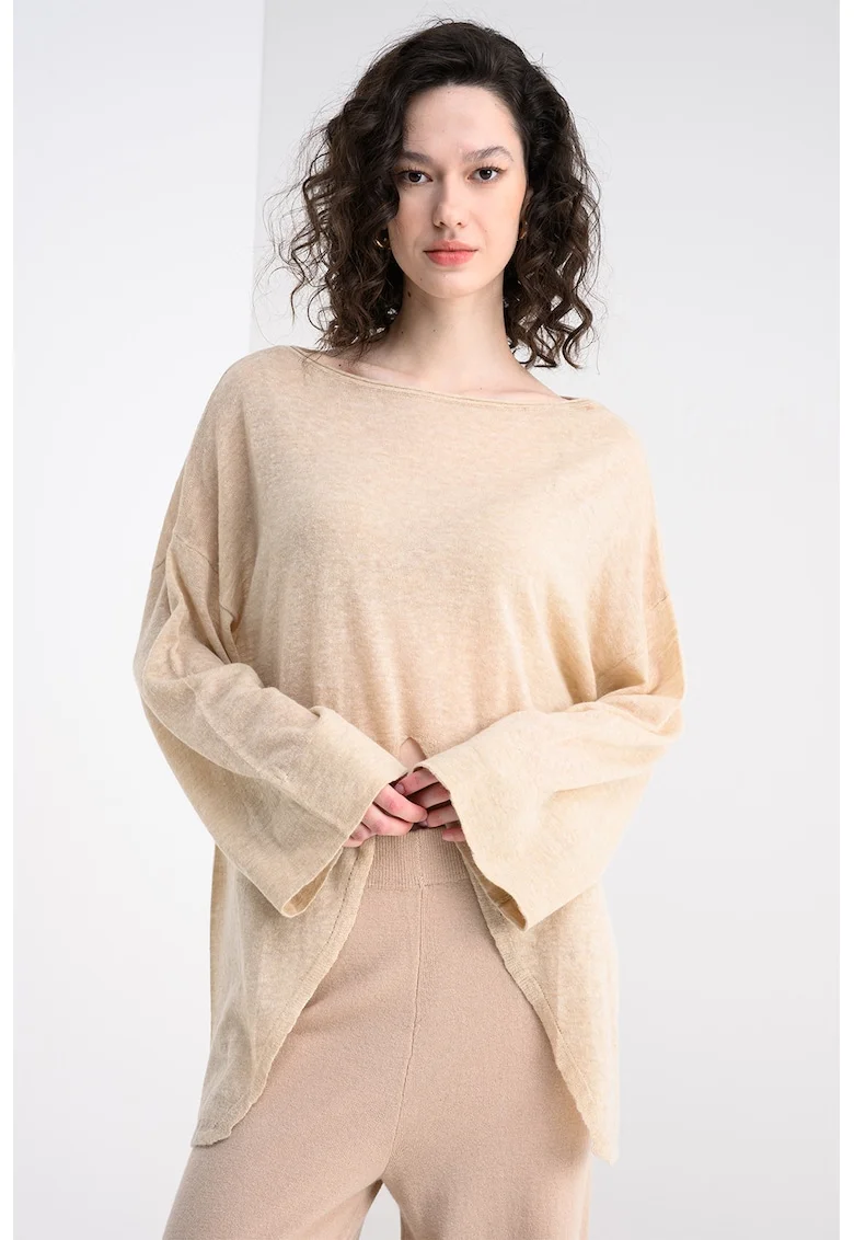 Bluza lejera din amestec de lana alpaca cu maneci cazute, Maro camel