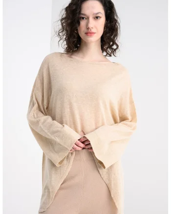 Bluza lejera din amestec de lana alpaca cu maneci cazute, Maro camel