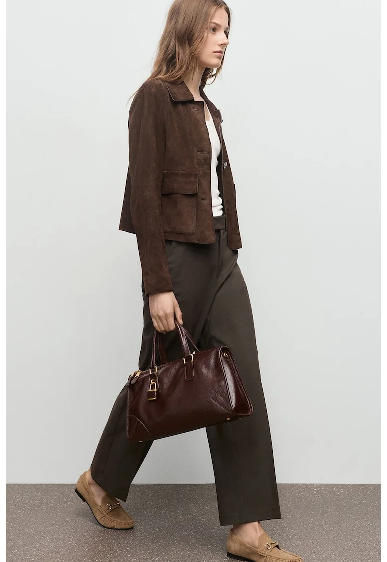 Pantaloni regular fit cu talie medie si model uni, Maro inchis