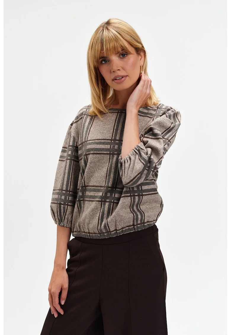 Bluza in carouri cu maneci 3/4, Maro inchis/Maro taupe/Gri inchis melange