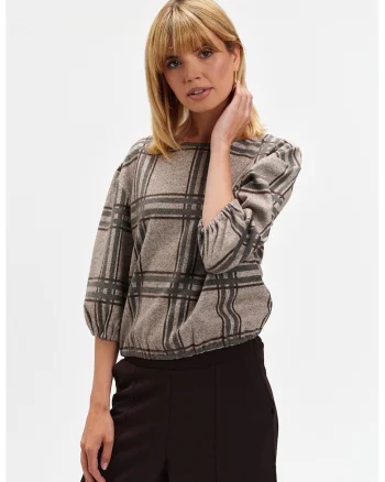 Bluza in carouri cu maneci 3/4, Maro inchis/Maro taupe/Gri inchis melange