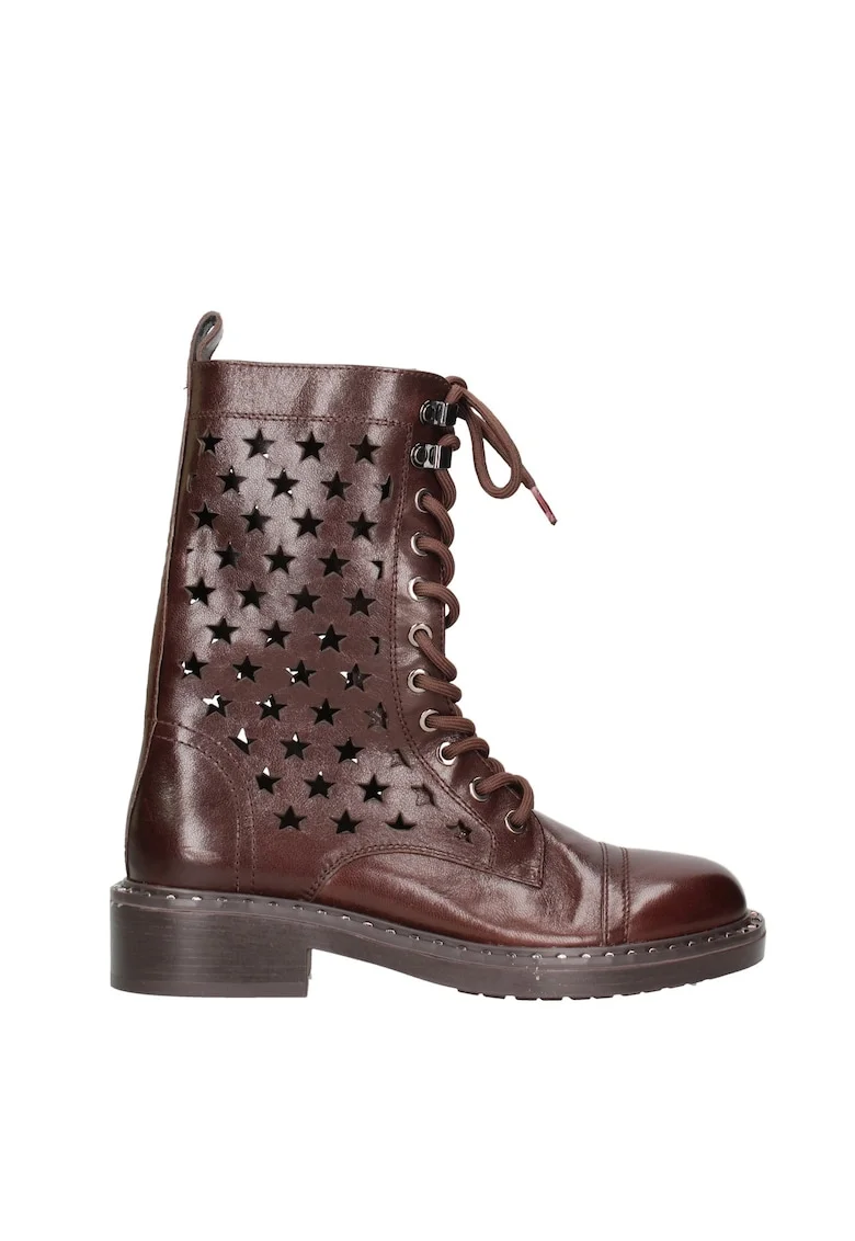 Ghete din piele cu perforatii Velvetia, Maro inchis
