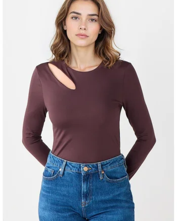 Bluza slim fit cu decupaj, Maro inchis