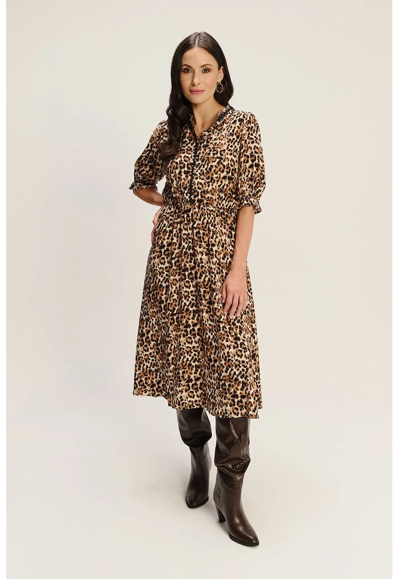 Rochie din amestec de modal cu animal print si maneci medii, Maro/Maro camel