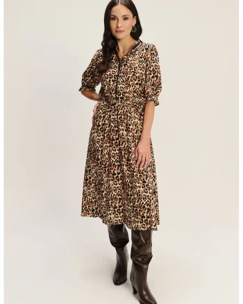 Rochie din amestec de modal cu animal print si maneci medii, Maro/Maro camel