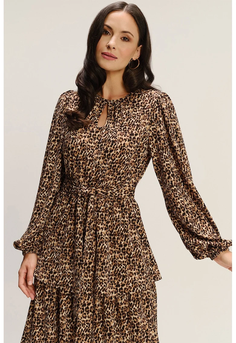 Rochie stratificata din amestec de modal cu animal print, Maro/Maro camel