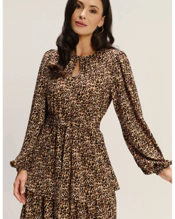 Rochie stratificata din amestec de modal cu animal print, Maro/Maro camel
