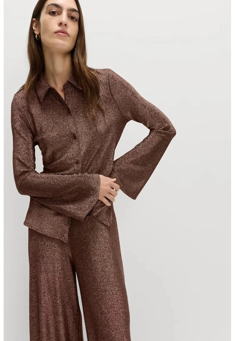 Camasa slim fit cu maneci evazate, Maro inchis