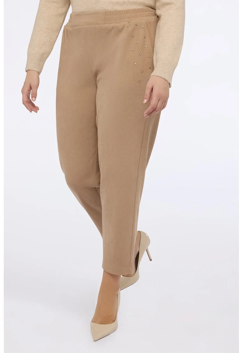 Pantaloni crop cu croiala conica si talie elastica, Maro camel