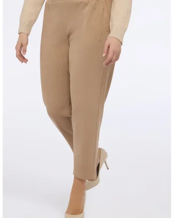 Pantaloni crop cu croiala conica si talie elastica, Maro camel