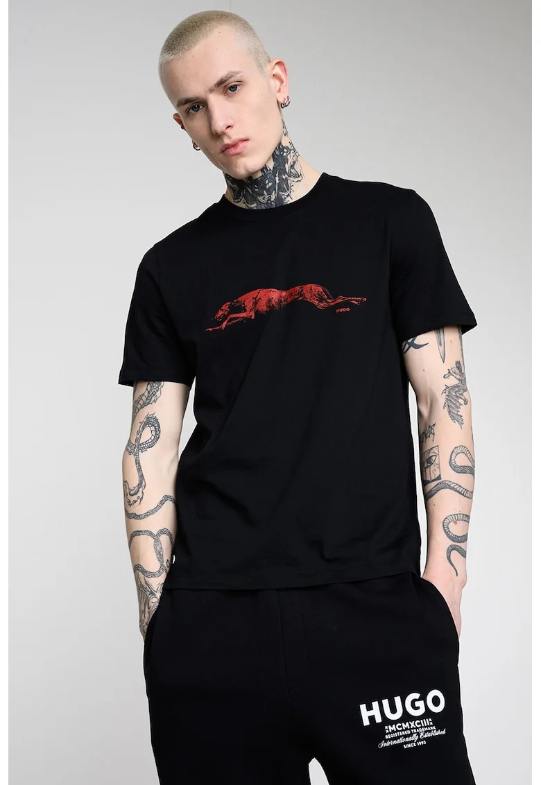 Tricou cu decolteu la baza gatului si imprimeu, Negru/Rosu inchis