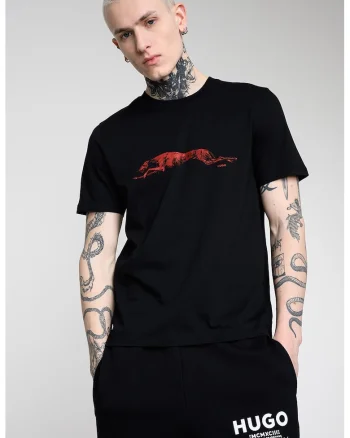 Tricou cu decolteu la baza gatului si imprimeu, Negru/Rosu inchis