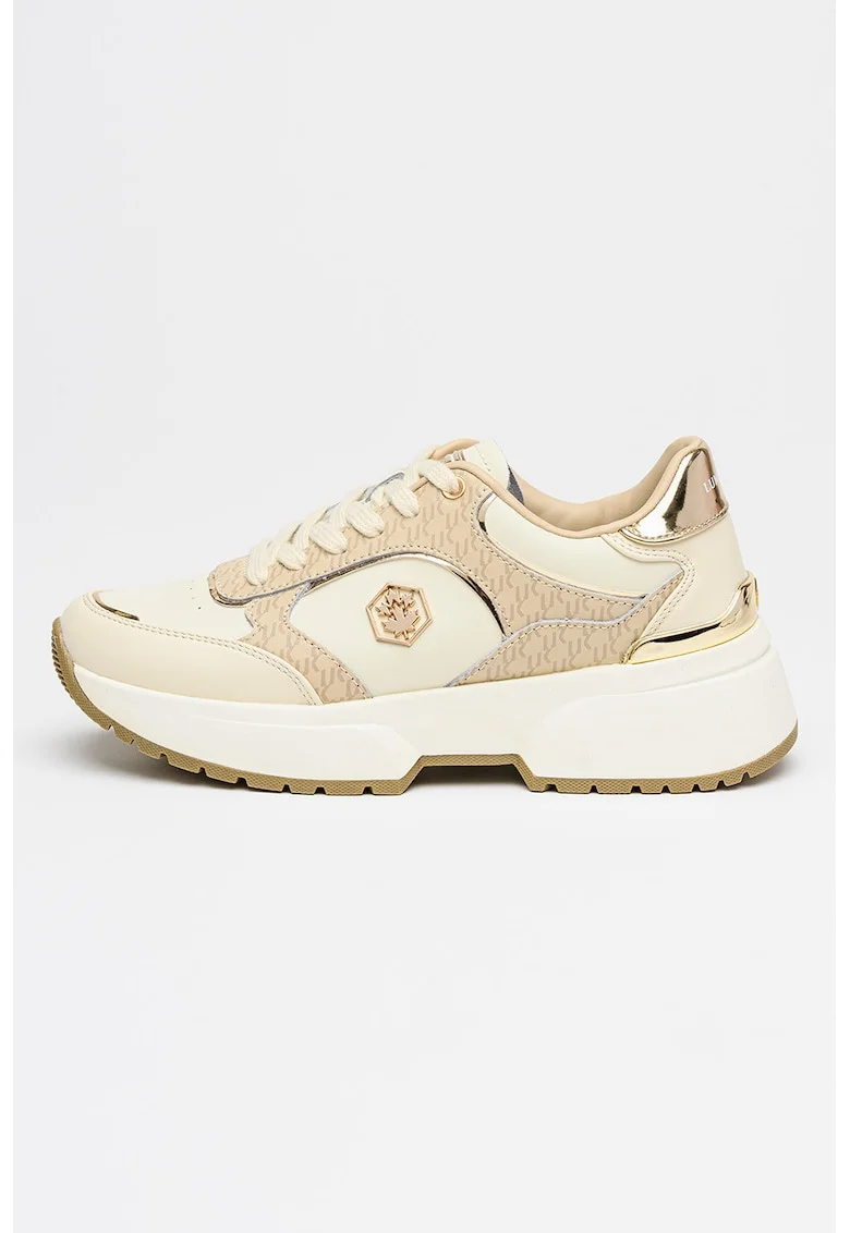 Pantofi sport din piele si piele ecologica cu talpa demi-wedge Percy, Maro camel/Alb murdar
