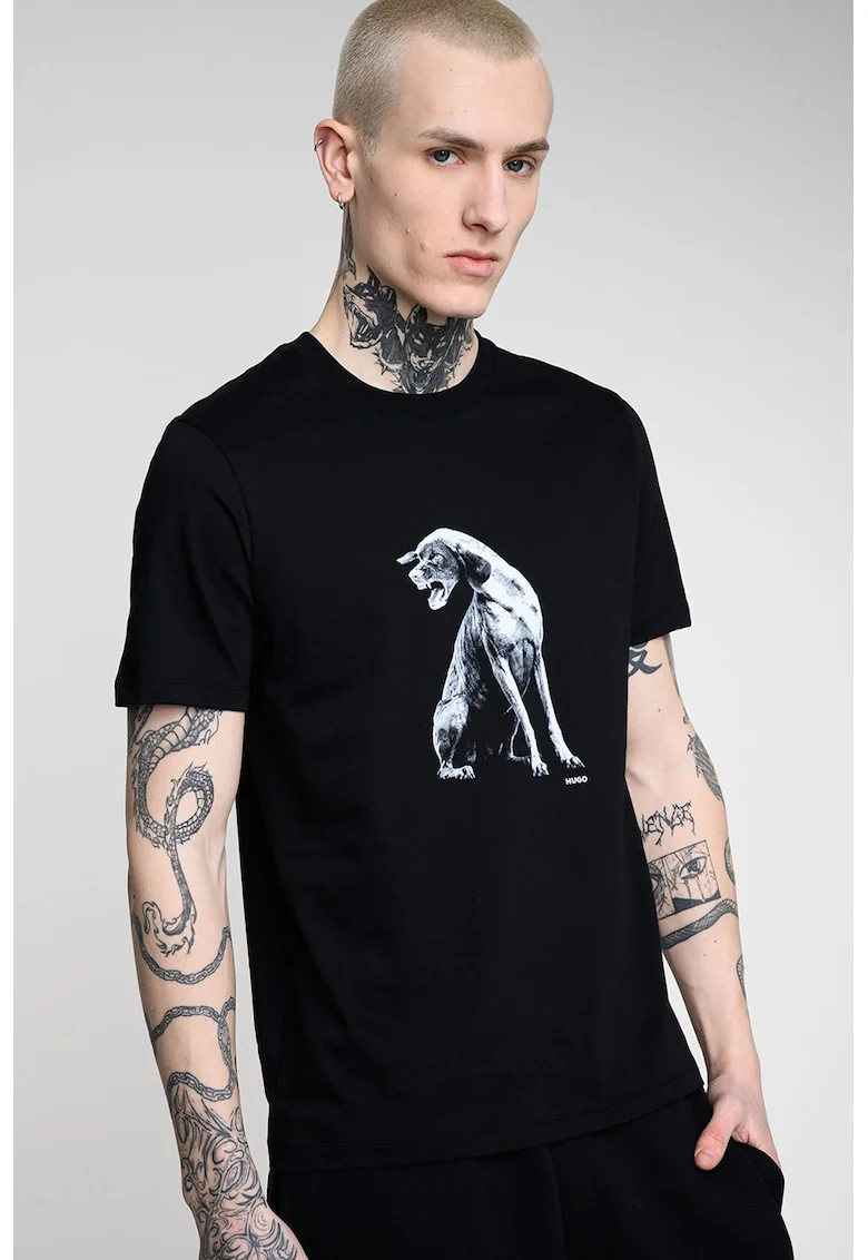 Tricou cu decolteu la baza gatului si imprimeu, Alb/Negru