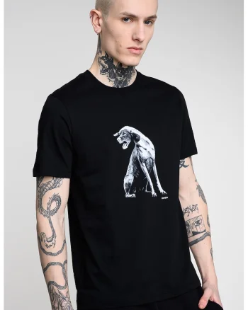Tricou cu decolteu la baza gatului si imprimeu, Alb/Negru