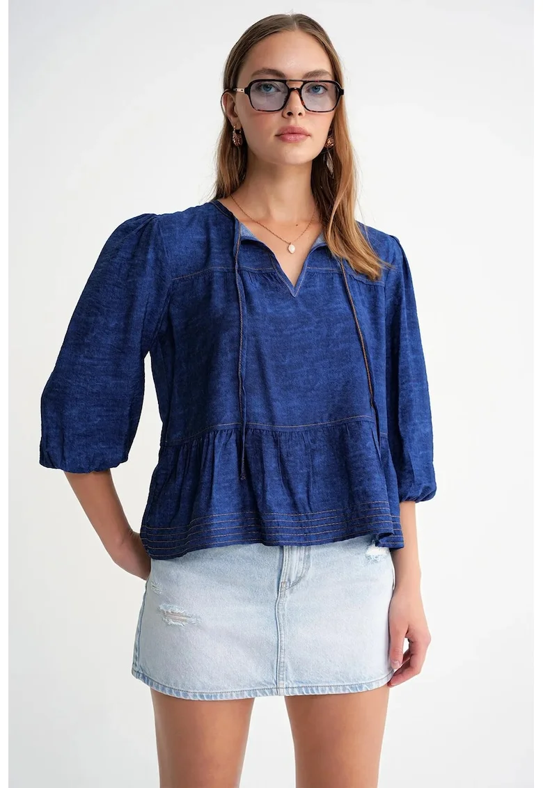 Bluza dama,  denim, volane, maneci bufante, Bleumarin