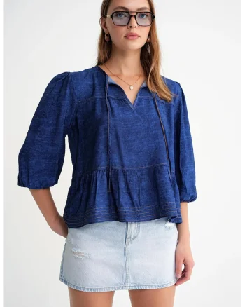 Bluza dama,  denim, volane, maneci bufante, Bleumarin