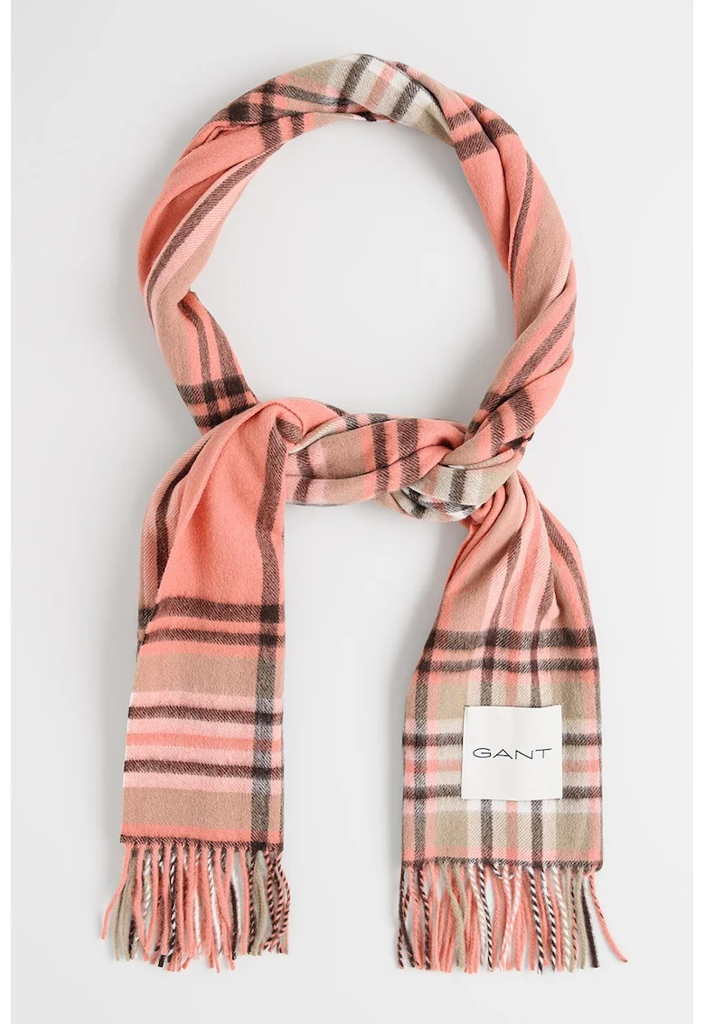 Fular franjurat de lana merinos cu model tartan, Negru stins/Caramiziu