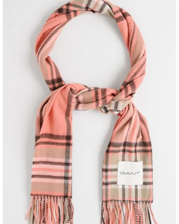 Fular franjurat de lana merinos cu model tartan, Negru stins/Caramiziu